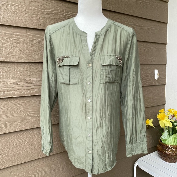 Chicos Size 0( XS)Womens Top Green Silk/Cotton Blend Studded Pockets Long Sleeve - Picture 6 of 14